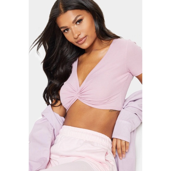 Baby Pink Rib Knot Front Short Sleeve Crop Top US0 NEW - Picture 2 of 8